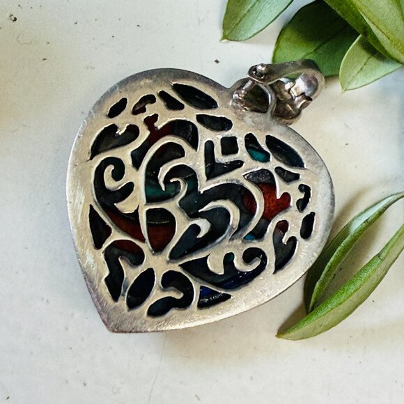 Sterling Silver Turquoise Coral Lapis Inlay Heart Pendant - Picture 4 of 4